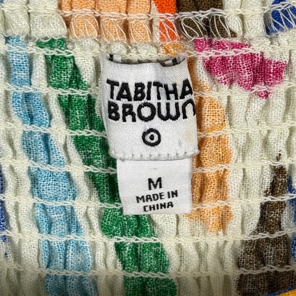 Tabitha Brown Linen Blend Botanical Puff Sleeve Mini Dress Sz M Milkmaid Smocked - Picture 3 of 8